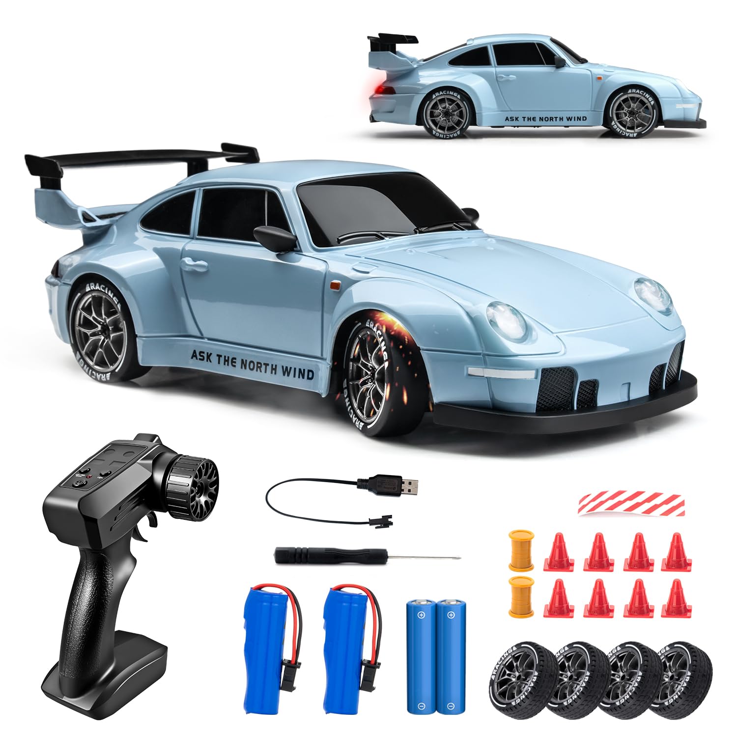 Photo 1 of RC Drift Car, 1:24 Scale Remote Control Vehicle with LED Lights, 2.4GHz 20KM/H 4WD High Speed RC Cars, Drifting Tires?Two Batteries, Racing Sports Toy Idea Gift for Adults Boys Girls and Kids