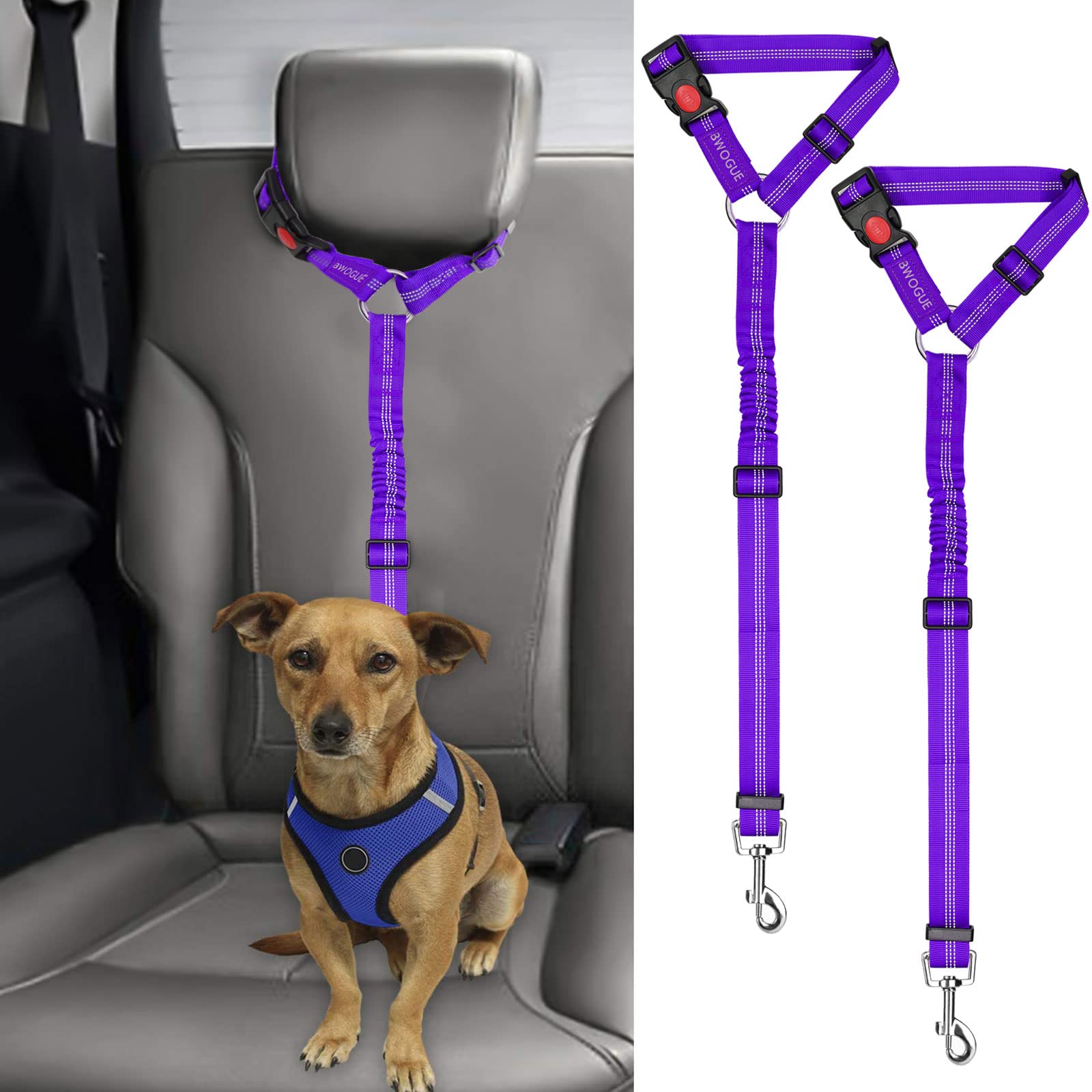 BWOGUE 2 Packs Dog Cat Safety Seat Belt Strap Car Headrest Restraint Adjustable Nylon Fabric Dog Restraints Vehicle Seatbelts Harness(Purple Elastic Bungee)