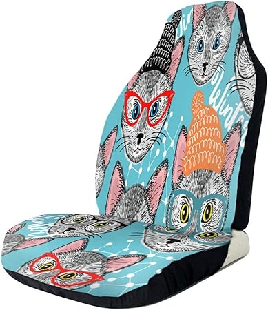 Amazon 車用シートカバー キャットインハット付き スマート動物ベクトルの背景 子供と大人のためのカラフルな無限の壁紙 おしゃれ かわいい マルチカラー 軽自動車 普通車 フロント座席適用 1ps シートカバー 車 バイク