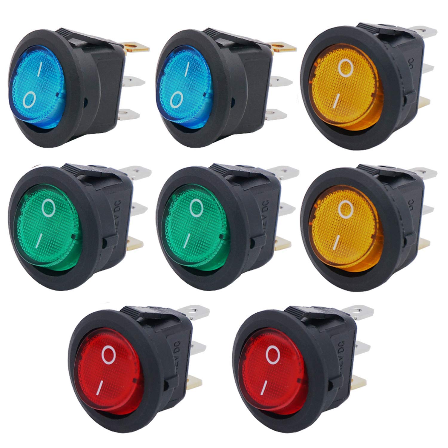 RUNCCI-YUN 8Pcs 20A 12V DC On/Off SPST 3Pin Rocker Toggle Switch Control For Car Or Boat With 4 Colour LED Light Illuminated