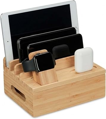 Estação de carregamento, organizador de cabos, para Apple Watch, tablets e smartwatch, bambu, 11 x 17 x 13 cm, natural