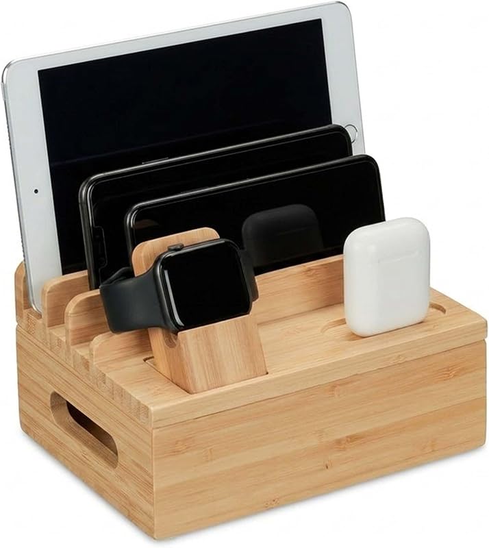 Stazione di Ricarica Multipla, Docking Station bambù, Apple Watch, Smartphone, AirPods, 11x17x13 cm, Naturale