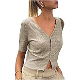 SHENHE Women's Short Sleeve Cropped Cardigan Button Down Sweater V Neck Lightweight Knit Top