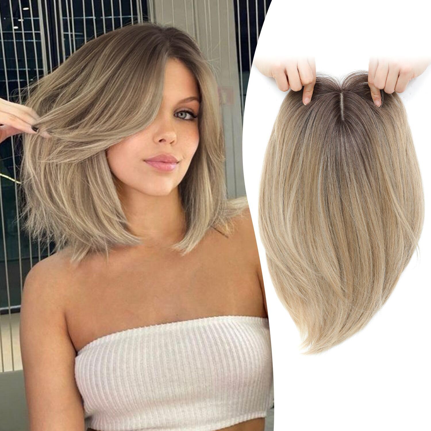 Photo 1 of Ms Taj Hair Topper 12 Inch Hair Toppers for Women with Thinning Hair 6.5"x6.5" Large Base Synthetic Hair Topper with Bangs Fiber Wiglets Ladies Toppers Hair Pieces for Women-Ombre Dark Blonde