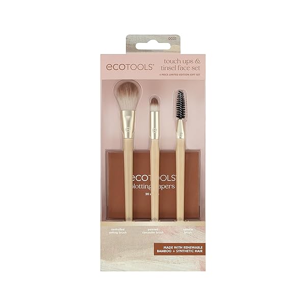 ECOTOOLS LIMITED EDITION TOUCH UPS & TINSEL FACE KIT, MAKEUP BRUSH SET FOR POWDER, CONCEALER, & BROWS, CONTROL OIL WITH BLOTTING PAPERS, ECO-FRIENDLY MAKEUP TOOLS, CRUELTY-FREE, 4 PIECE GIFT SET