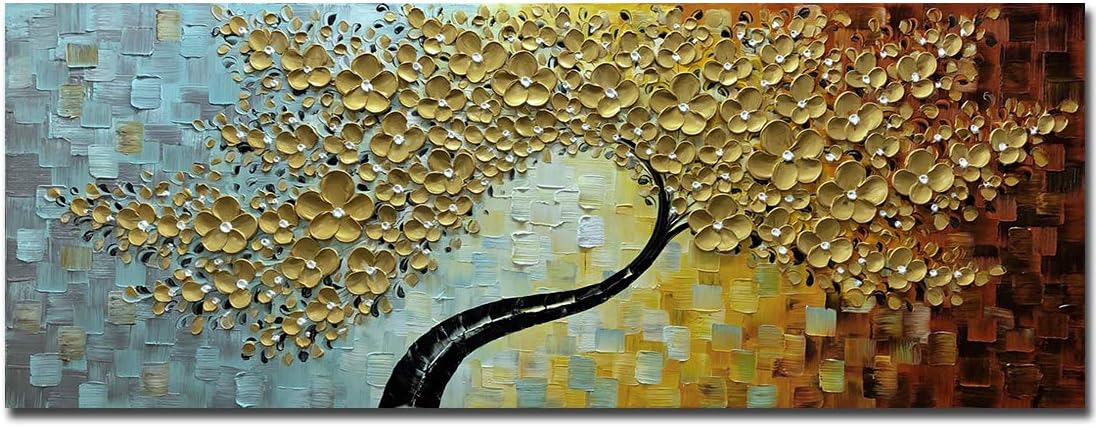 Paintings - V-inspire Art, 24x60 Inch Modern Abstract Hand-Painted Art Fortune Tree Golden Wall Art Canvas Paintings Wooden Frame Support Wall Hanging Painting Wall Painting Art Living room Bedroom Wall Decoratio