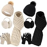 Suhine 8 Pcs Winter Hat Scarf Gloves Earmuff Set Knit Beanie Pompom Hat Warm Touch Screen Gloves for Women Men Adult
