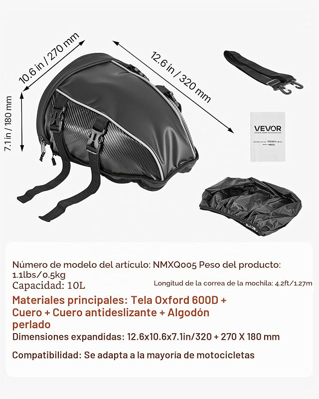 Bolsa traseira de banco de mota de 10 L, com capa impermeável contra a chuva, com alça de ombro e bolso interior, para bagageiro de motocicleta, 320 x 270 x 180 mm, preto
