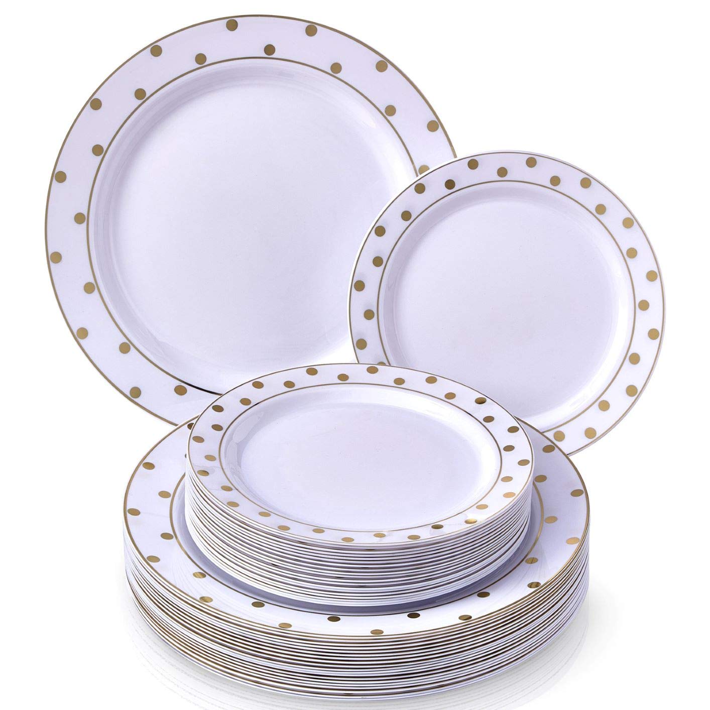 Party Disposable 40 pc Dinnerware Set | 20 Dinner Plates and 20 Salad or Dessert Plates | Heavyweight Plastic Dishes | Elegant Fine China Look | for Upscale Wedding and Dining (Dots White/Gold)