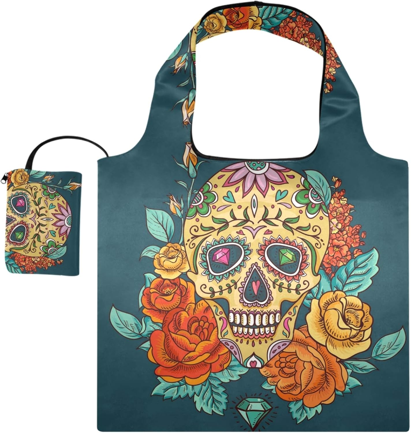 Bolsas de compras reutilizables – Colorido cráneo rosa plegable grandes