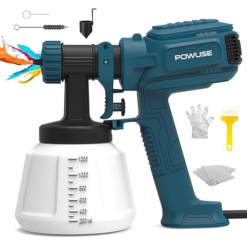 800W HVLP Paint Spray Gun, Ultra-Light Electric Paint Sprayer w/1200ML Container, 4 Nozzles, 3 Patterns, Fence Paint Sprayer for Walls, Ceilings, Sheds, Decks, Furniture, Cabinets, DIY (Blue)