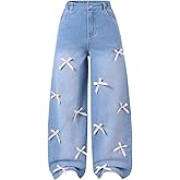 WDIRARA Girl's Cute Bow High Elastic Waisted Denim Pants Basic Baggy Wide Leg Jeans
