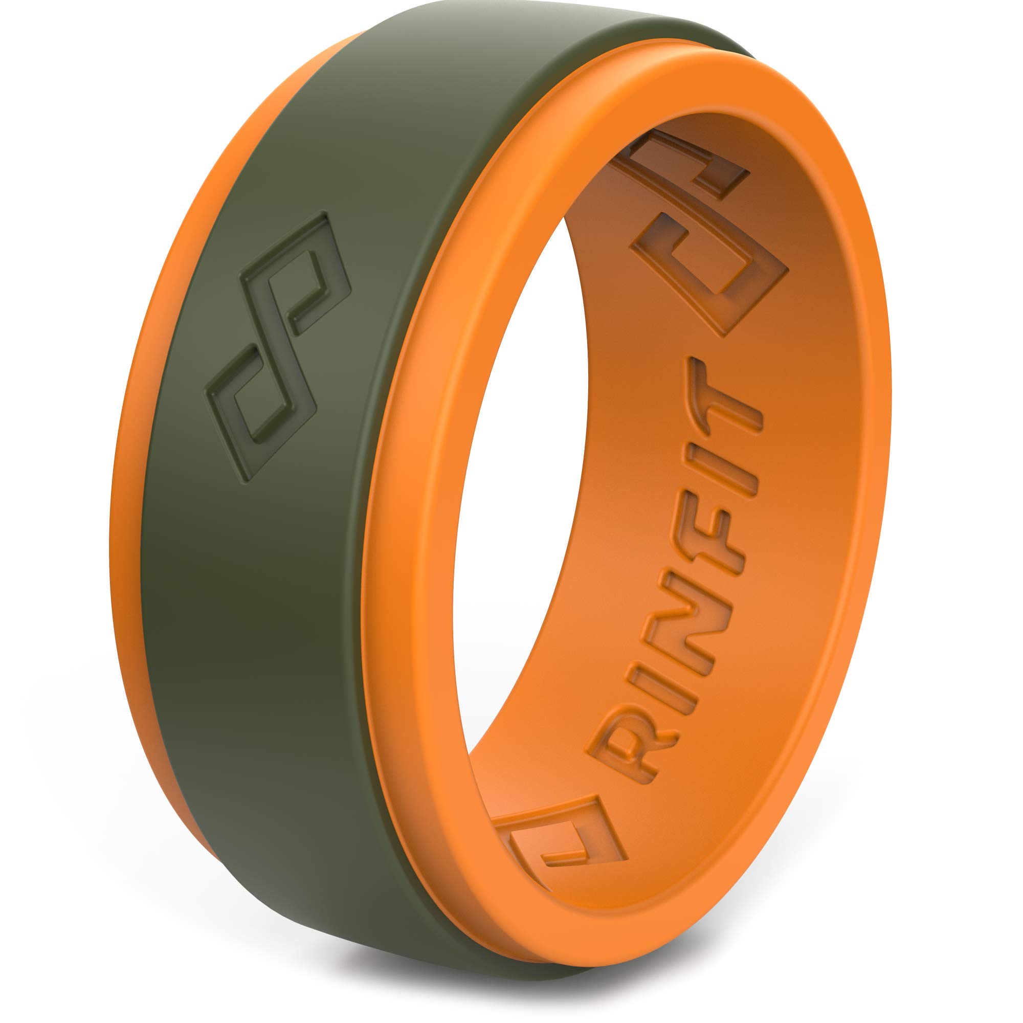 Rinfit Anillos de silicona para hombre, 9 mm de ancho, 2 mm de grosor, alianzas de boda de goma para hombre, anillo infinito con 2 capas, naranja y verde militar, talla 10