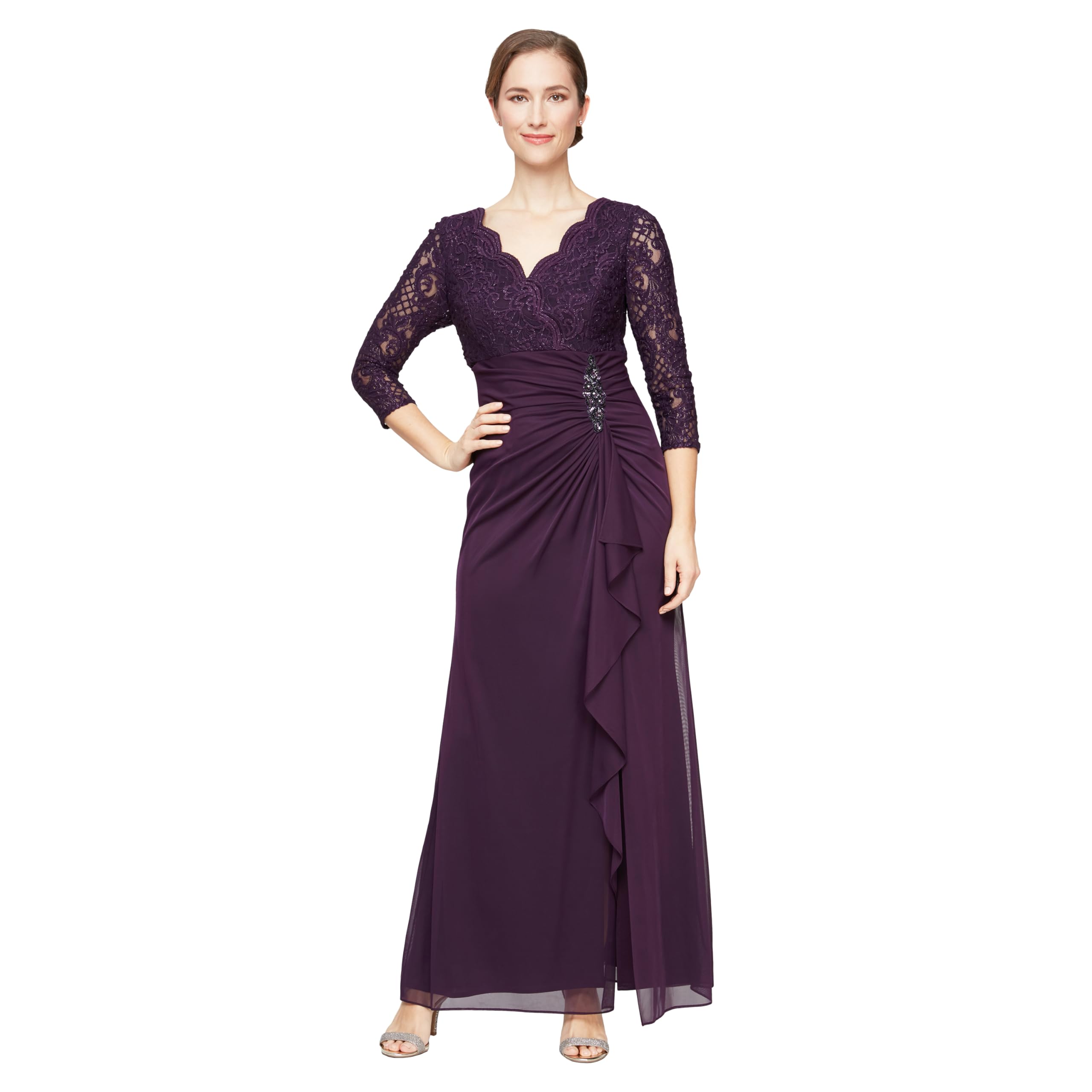 Photo 1 of Alex Evenings Women's Petite Long Lace Top Empire Waist Dress, Eggplant, 14P
