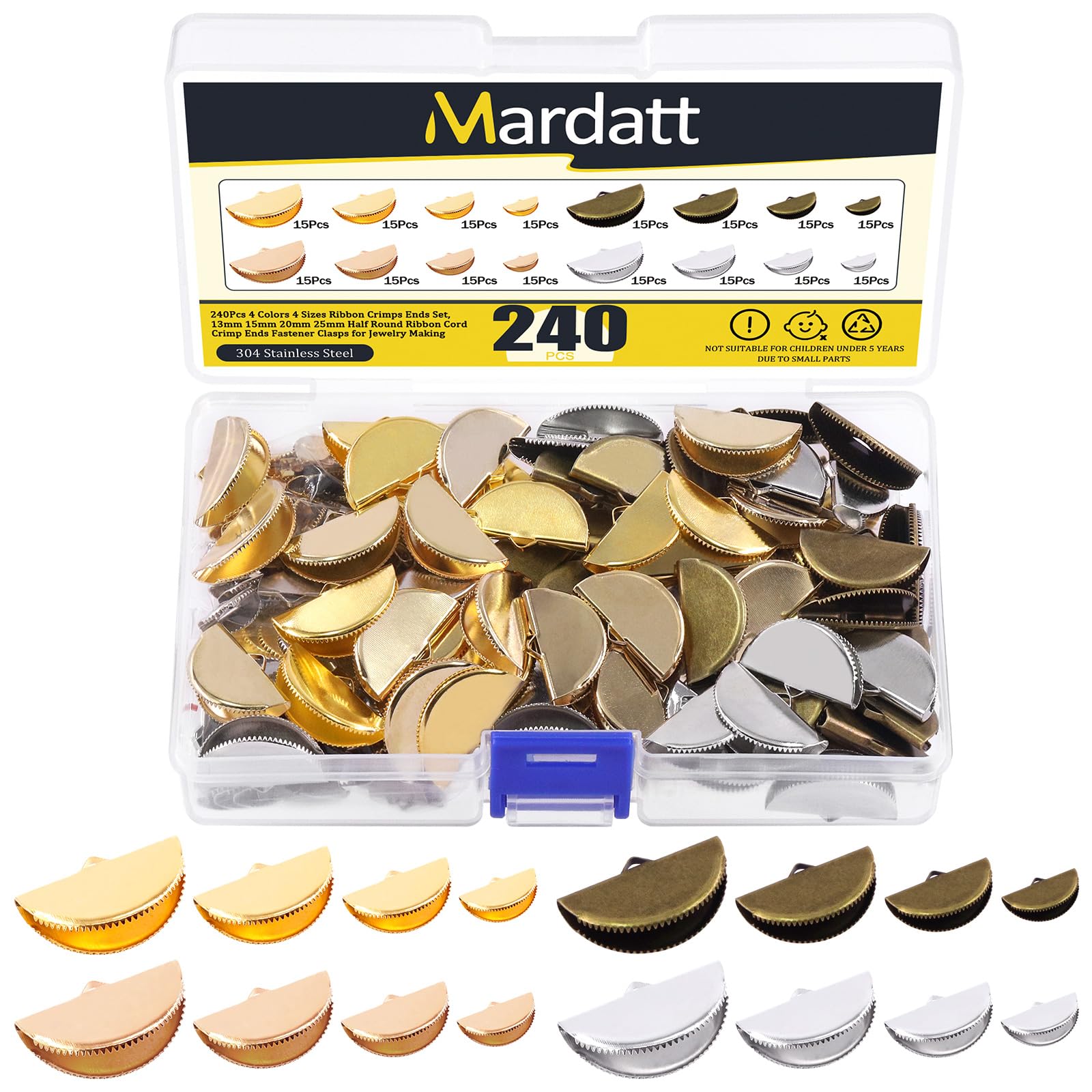 Mardatt 240Pcs 4 Colors Half Round Ribbon Cord Crimp End Tips Assorted Set, 13/15/20/25mm Ribbon Leather Ending Bracelet Bookmark Cord Caps Clasps with Loop for DIY Jewelry Making