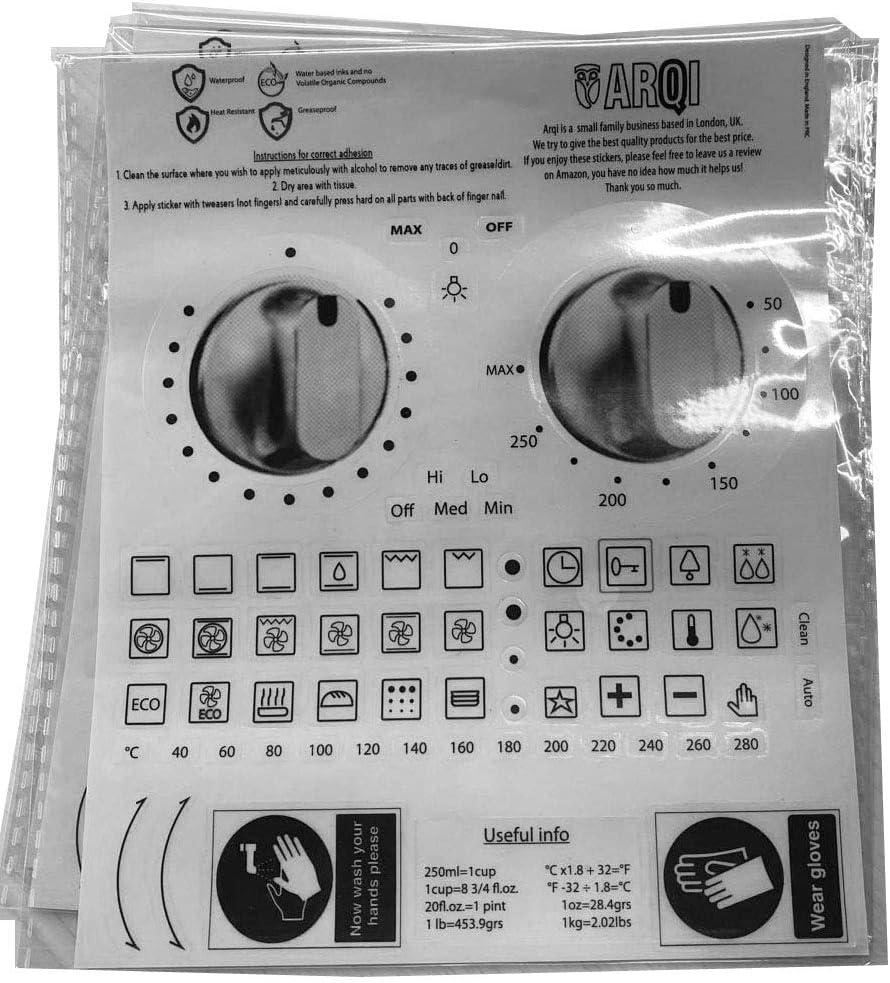 Arqi UK 64 Black on transparent Replacement Oven Stickers, Safety signs, Useful Kitchen Info, Black on Transparent Resistant PVC. Water and Grease Proof, Fits conventional and microwave oven - Image 3