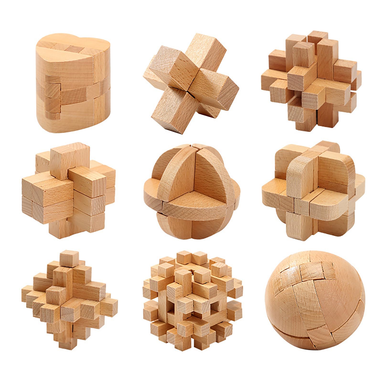 Holzsammlung 9pcs Wooden Brain Teaser Puzzles, Interlocking Games for IQ Test, Intellectual 3D Assembling Educational Toy Set for Teens and Adults(9 Puzzle Set#D04) — image 1
