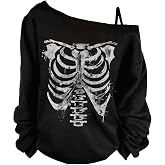 COZYEASE Women's Plus Size Gothic Skull Graphic Tees T Shirt Loose Y2K Tops | Asymmetrical Neck, Long Sleeve, Gothic Shirt, Y2k Off The Shoulder Top, Rave Outfits