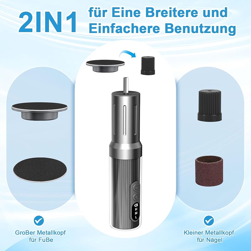 LED 2-In-1 Hornhautentferner Elektrisch, 6 Stufenlos Einstellbaren Geschwindigkeiten, Inkl. Dauerhaften FußFeilen Und Austauschbarem Nagelpolierer FüR Professionelle FußPflege