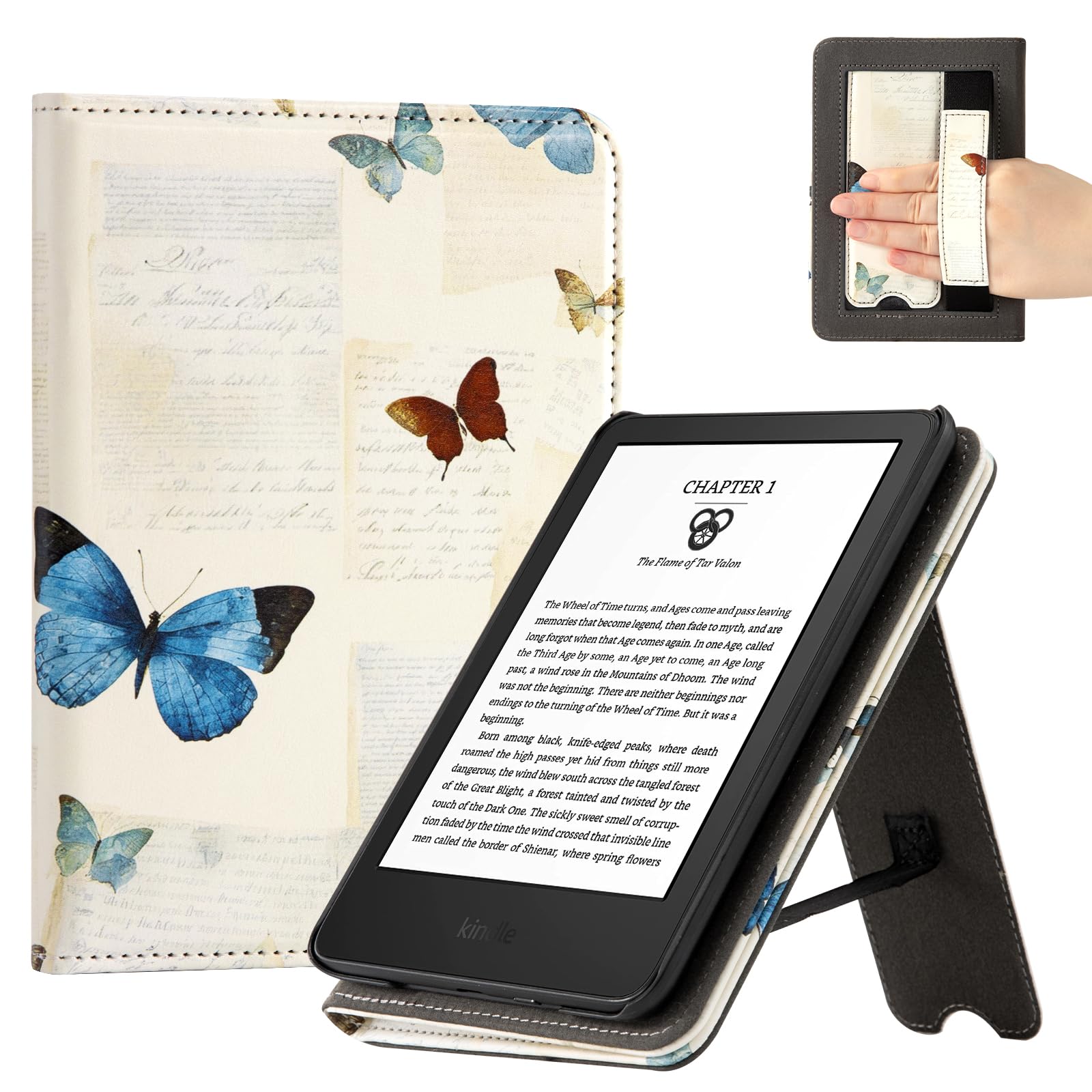 Photo 1 of CoBak Case for 6" E-Reader - PU Leather Smart Cover with Auto Sleep/Wake & Hand Strap, not Compatible with Kobo Clara,Butterfly Paper