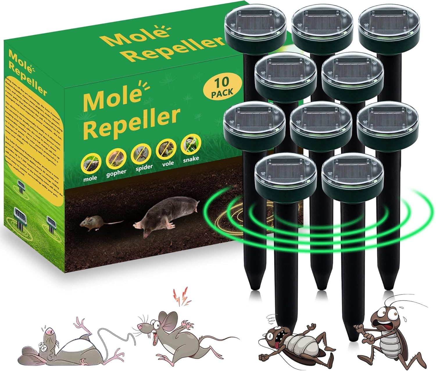 Photo 1 of 10-Pack Solar Powered Ultrasonic Mole Repellent for Lawns, Gardens, Yards - Waterproof & Effective Against Moles, Snakes, Gophers, Voles - Stakes Chaser Sonic Spikes
