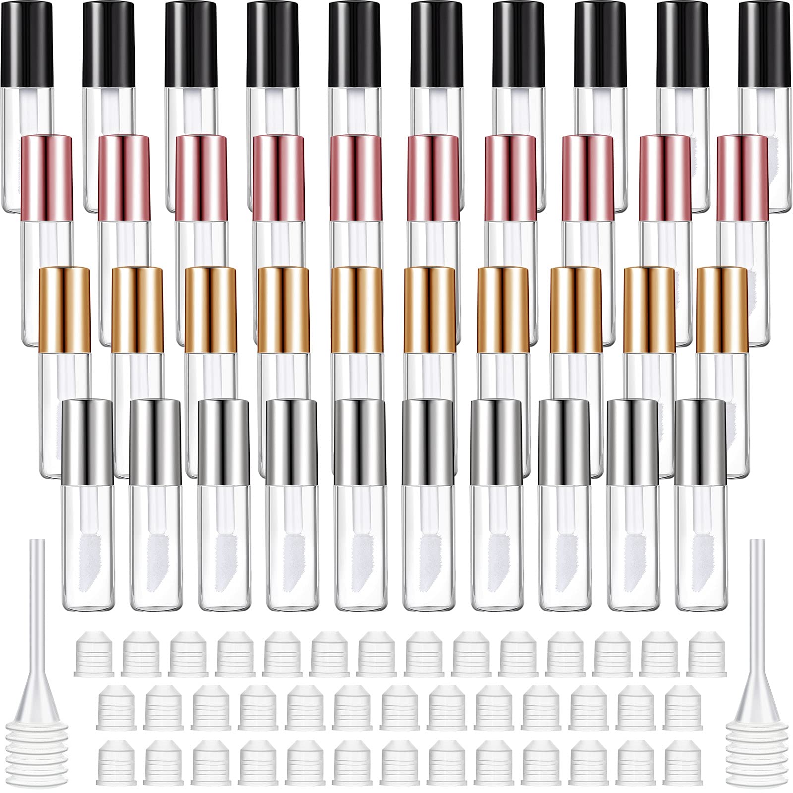 40 Pieces Empty Lip Gloss Tubes Containers Clear Lip Balm Bottle with Rubber Stopper and 2 Pieces Funnels for Women Girls DIY Makeup Lip Samples (1.2 ml, Gold, Rose Gold, Black, Silver)