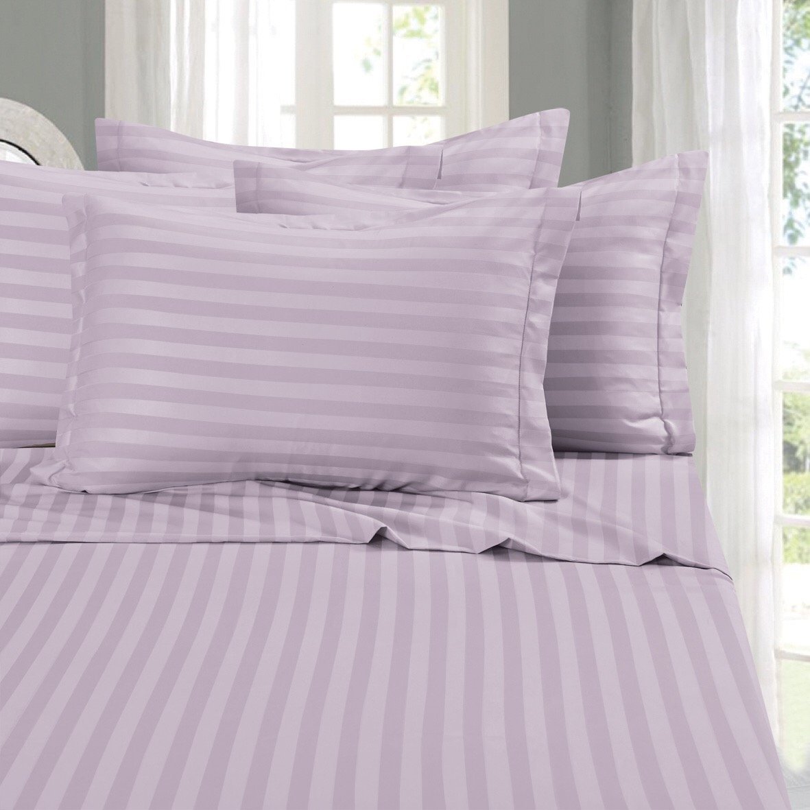 Elegant Comfort Best, Softest, Coziest Stripe Sheets Ever! 1500 Premier Hotel Quality Luxury Silky-Soft Wrinkle & Fade Resistant 4-Piece Bed Sheet Set, Deep Pocket Up to 16" -California King Lilac