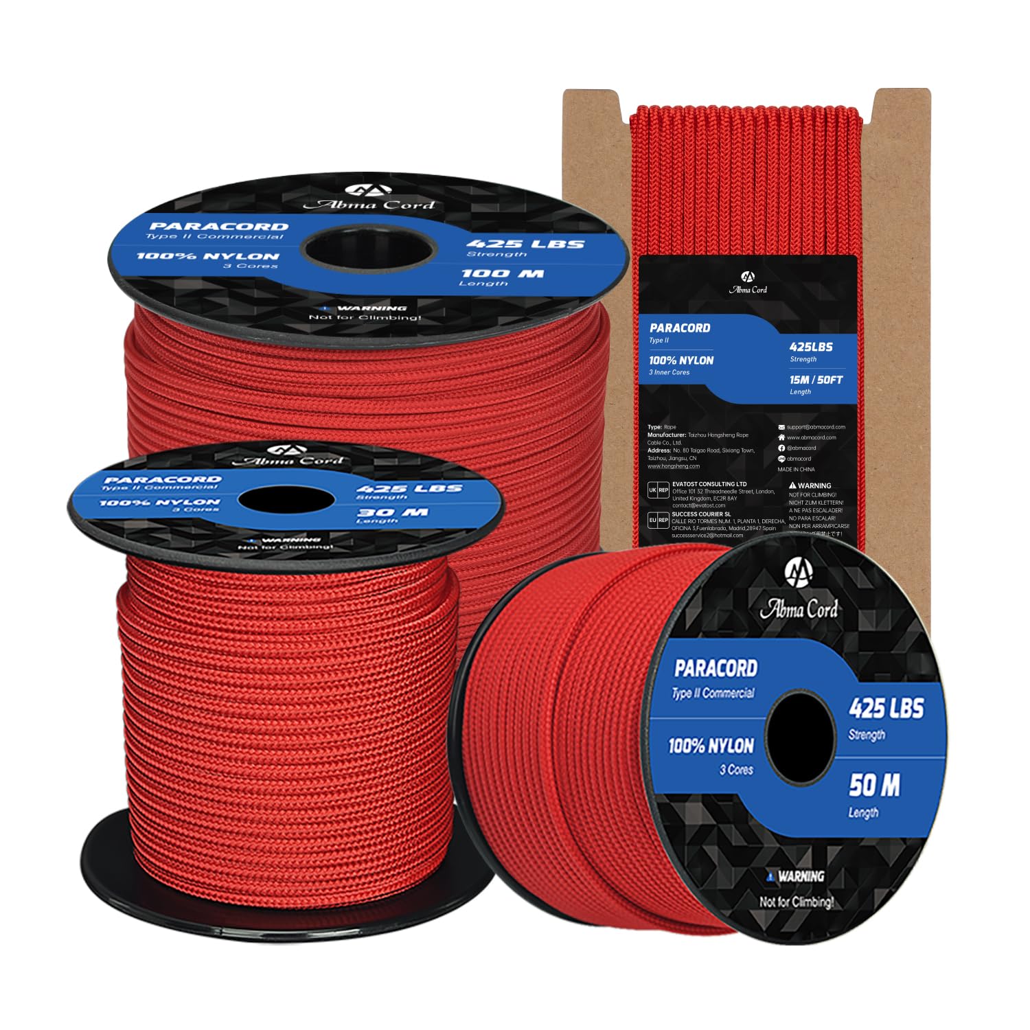 Abma Cord Paracord 3mm 100m 100% Nylon Rope Type II 3 Strands Parachute Cord - Max. 192kg (425lbs) - Red