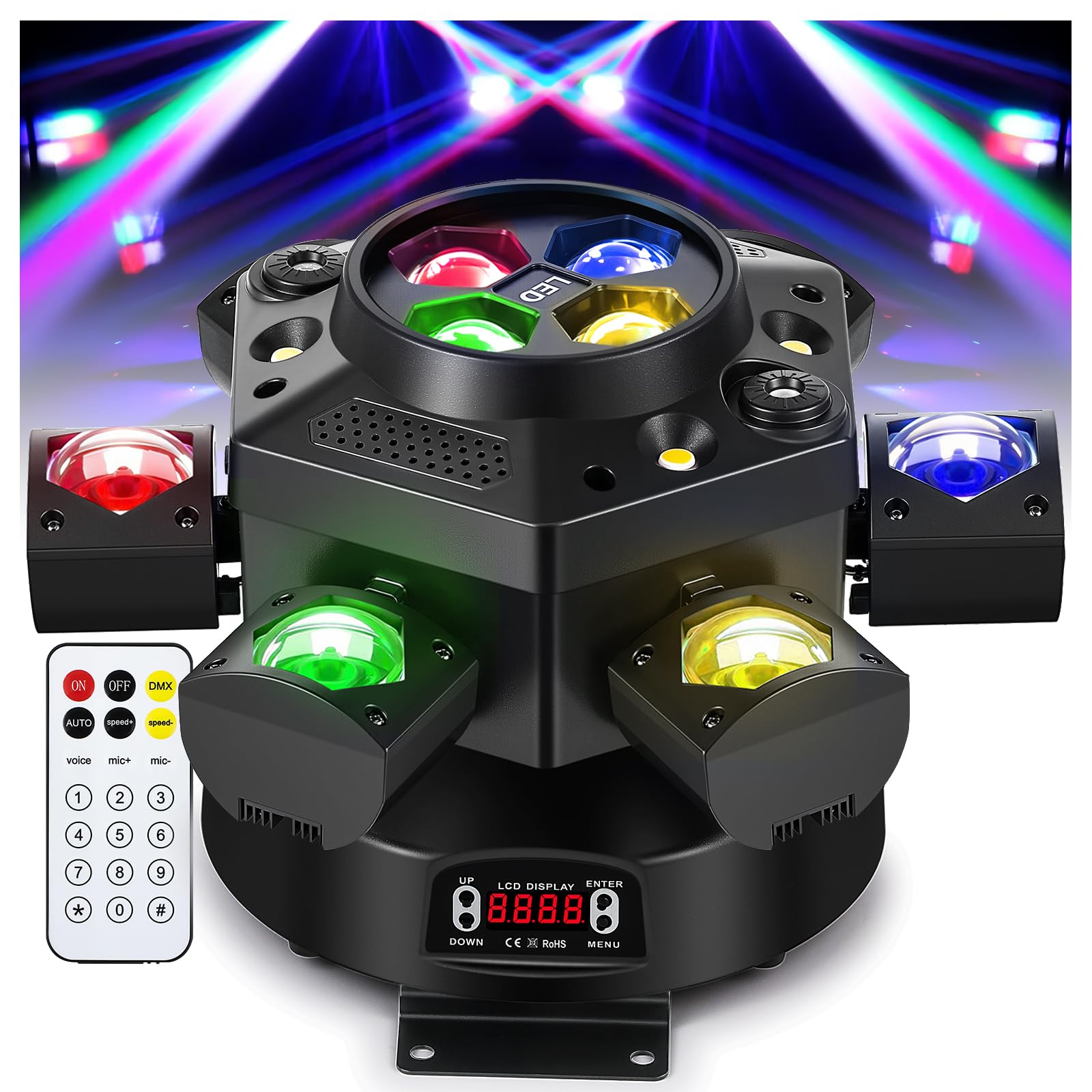 Photo 1 of ?2026 Upgrade? Spolehli 150W RGBW Moving Head DJ Light, 6 Arms Beam & Bee-Eye LED Stage Light with Mixed Effects, Sound Activated DMX 512 Control for Disco Club Wedding Party