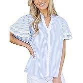 Yeokou Womens Striped Shirt V Neck Short Puff Sleeve Cotton Pullover Top Casual Summer Button Down Rickrack Blouse