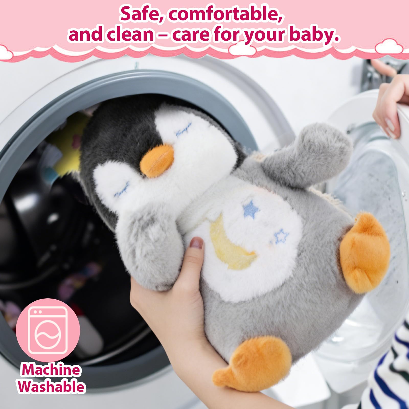 Breathing Stuffed Animal, Soothe Snuggle Penguin Plush for Anxiety Adults and Kids, Volume Control, Machine Washable, Sleep Buddy Soothing Penguin with Realistic Breathing and Lights Music, 4 Modes