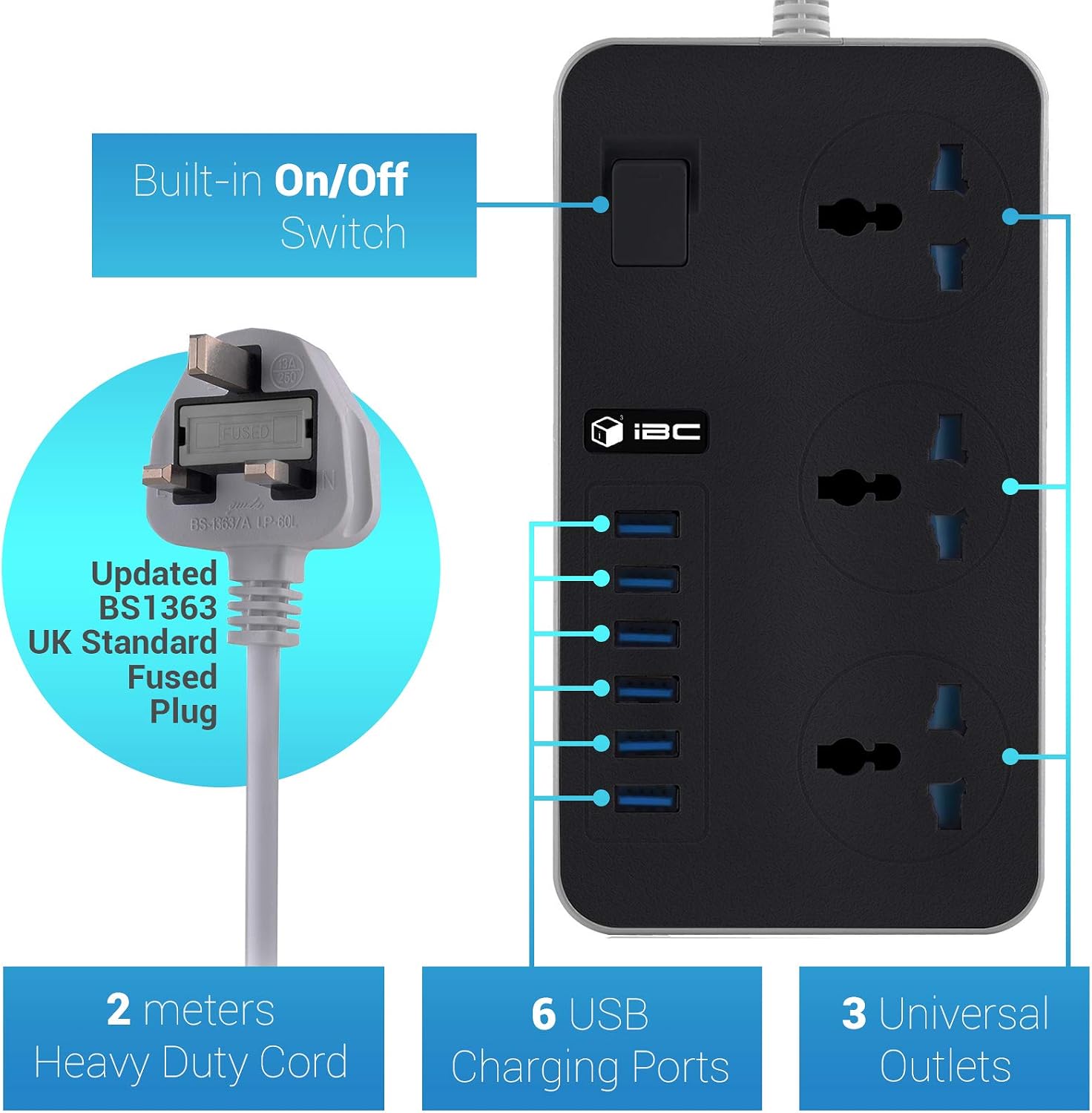 iBlockCube Universal Extension Lead with 6 USB Ports, Black Grey - Image 3