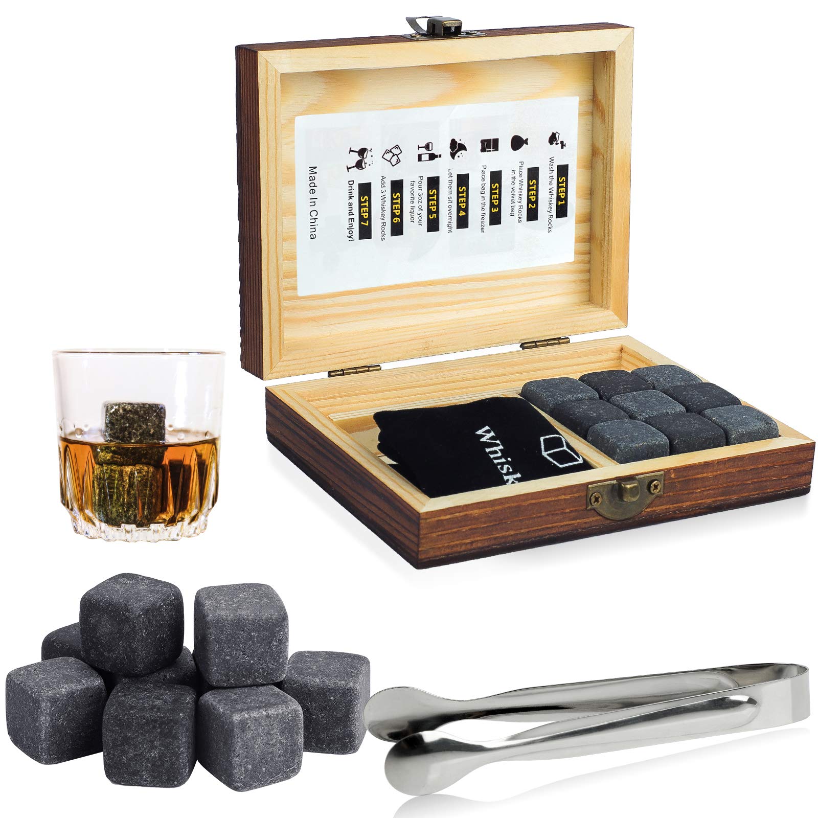Whiskey Stones Gift Set,WOVTE 9 pcs Natural Soapstone and Granite Chilling Rocks with Stylish Box,Ice Tongs and Free Velvet Pouch (black, Granite)