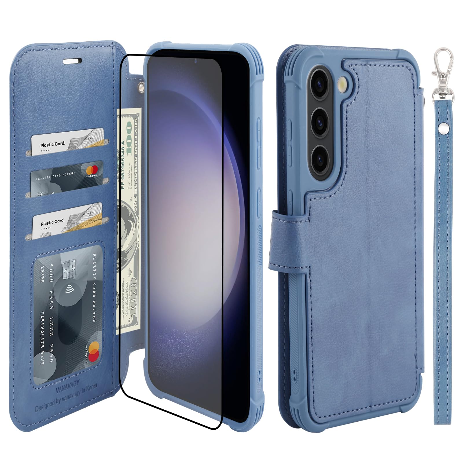 VANAVAGY Compatible for Galaxy S23+ Plus Wallet Case, 12ft Drop Protection, RFID Blocking PU Leather Flip Cover, Card Holder & Kickstand, Shockproof Phone Case for S23+ Plus-6.6 Inch,Blue