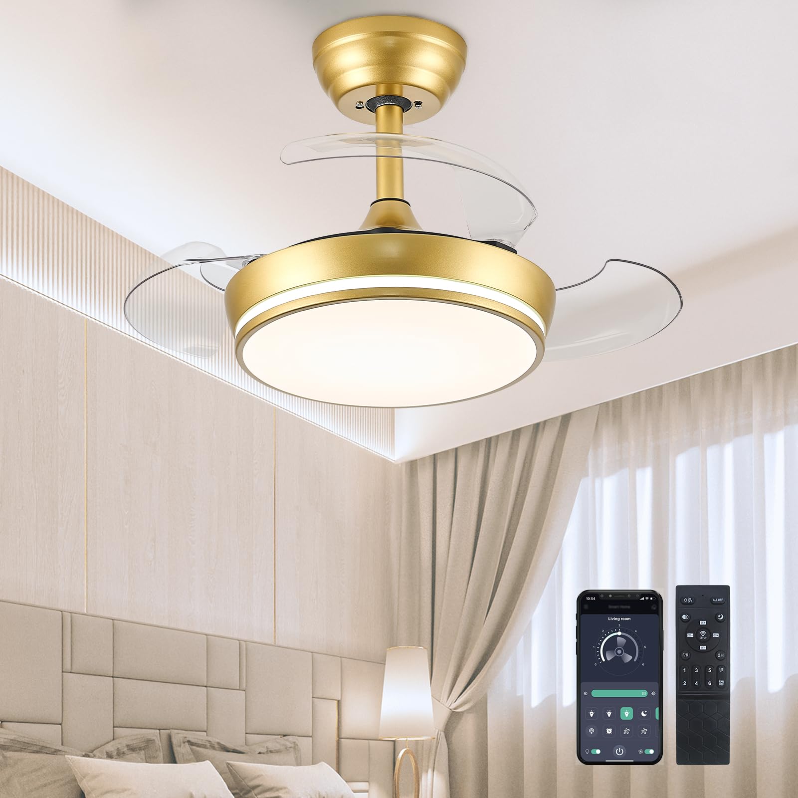 Photo 1 of 30" Retractable Ceiling Fans with Lights, Dimmable LED Ceiling Fan Remote Control, Modern Small Fan Light for Bedroom Living Room Dinning Room Kitchen, 3000K-6500K, 6 Speed (Golden)