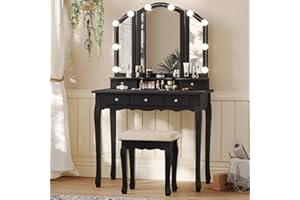 Tiptiper Makeup Vanity with Lights, Vanity Desk with 10 Light Bulbs & 3 Color Lighting Modes, Vanity Table with 5 Drawers and Cushioned Stool, Makeup Table with Tri-Fold Mirror for Women Girls, Black