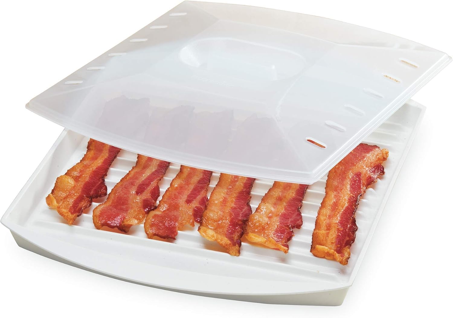 Prep Solutions by Progressive Microwave Large Bacon Grill with Vented Cover, 4-6 Strips of Bacon, Cook Frozen Snacks, Measures 12"L x 10"W x 2.25"H (Renewed)
