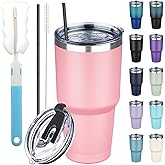 GUDEMAO 30 oz Tumbler with Lids and Straws, Stainless Steel Insulated Coffee Tumbler, Double Wall Vacuum Insulated Travel Mug Cup, Leakproof Thermal Coffee Cup for Hot and Cold Drinks (Light Pink)