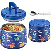 14oz Insulated Vacuum Food Jar with Buckle Lid,Soup Thermo for Hot Food Kids,Wide Mouth Leakproof Stainless Steel Lunch Container with Spoon-Dinosaur