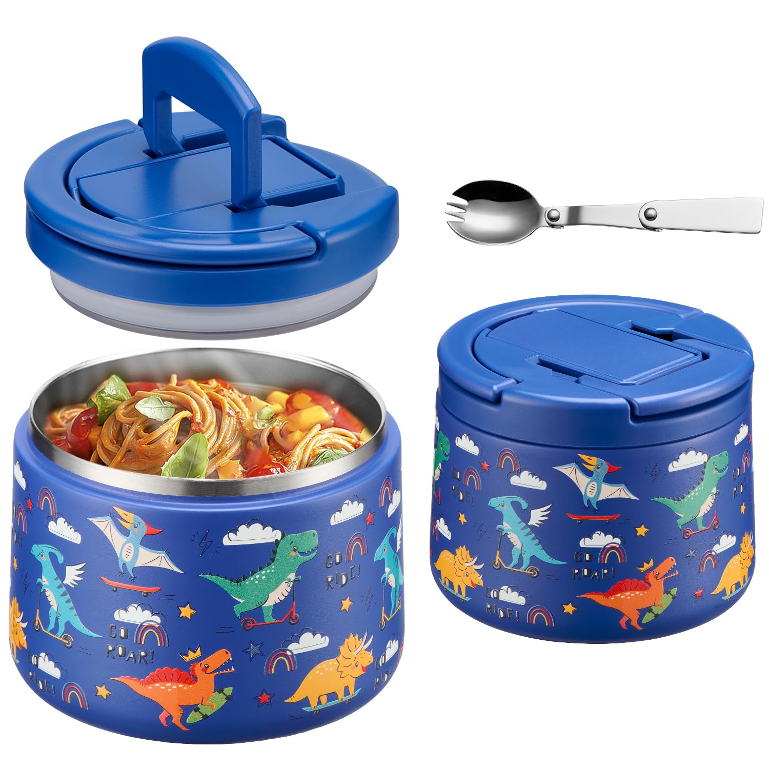 Photo 1 of 14oz Insulated Vacuum Food Jar with Buckle Lid,Soup Thermo for Hot Food Kids,Wide Mouth Leakproof Stainless Steel Lunch Container with Spoon-Dinosaur