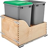 Rev-A-Shelf Pullout Trash Cans for Kitchen Cabinet, Dual 35 Qt Bins with 15" Wood Frame - Large Garbage Bin Containers for Ho