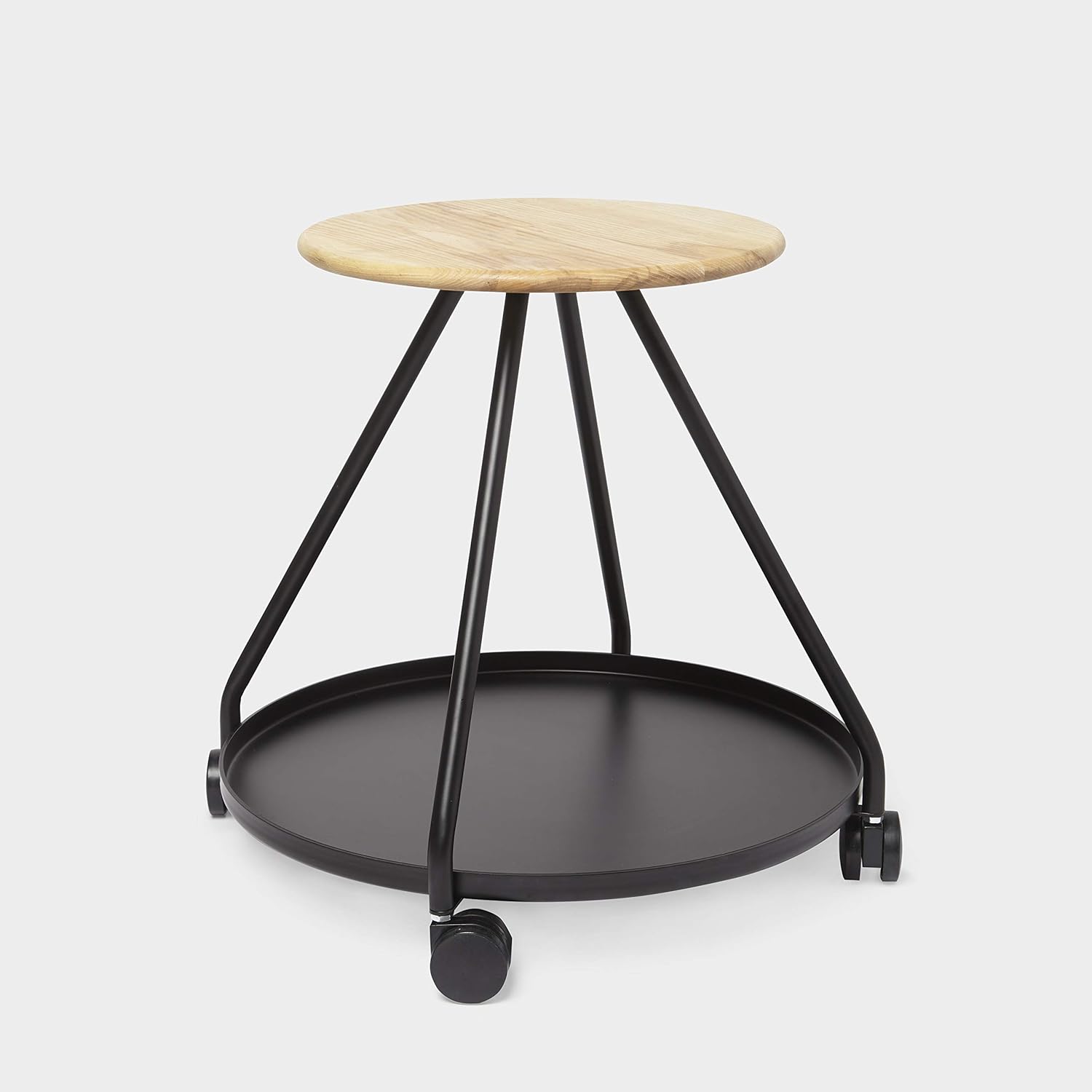 Umbra Shift Hover Stool with Caster Wheels and Storage, Black Powder-Coated Steel, Natural Ash Wood Seat