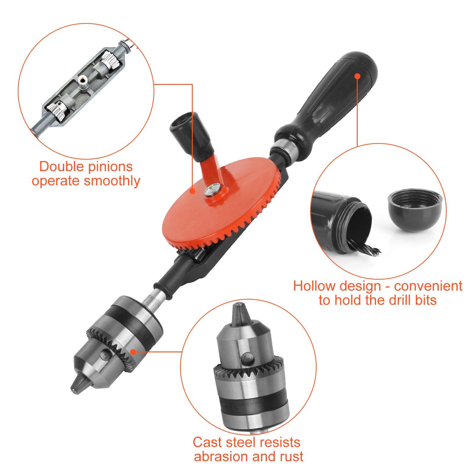 3/8 inch Hand Drill Manual Hand Crank Drill with 8Pcs Drill Bit Set, Safe Double Pinions DesignHand Drill for Wood Plastic and Metal