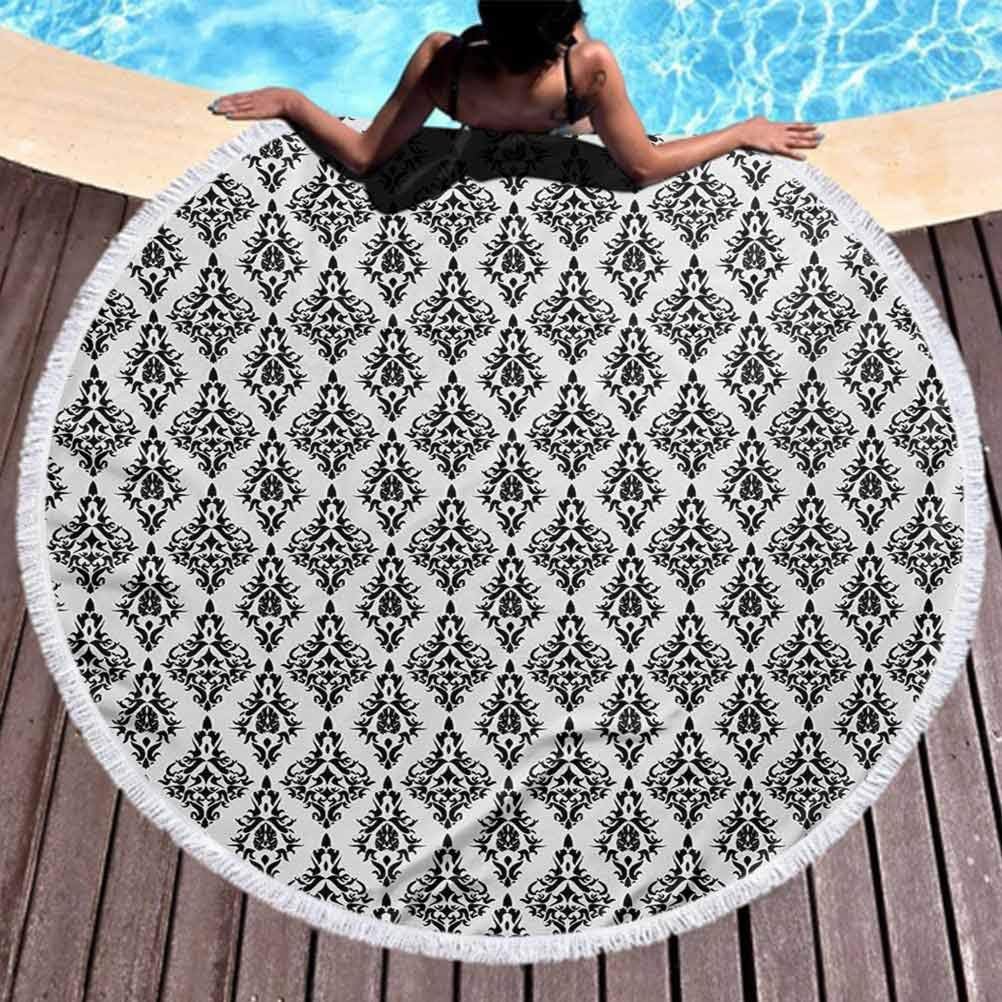 Beach Blanket Damask Tassels Circle Beach Blanket Damask Pattern Tiles Interchangeable Retro Nostalgic Modern Baroque Stencil Art Quick Drying, Lightweight, Fast Dry Towels, Sand Free (Diameter 59")