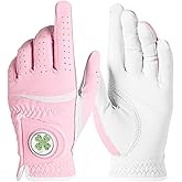 Womens Golf Glove with Clover Ball Marker 1 Pack, All Weather Grip Microfiber & Leather Gloves for Ladies, Comfortable Breathable Fit for Left Hand or Right Hand in White Pink