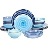 Selamica Ceramic 16-Pieces Dinnerware Set, Ceramic Dishes Set for 4, Kitchen Plates and Bowls Sets, Dinner Plates Set, Spray Black Dots, Gradient Blue