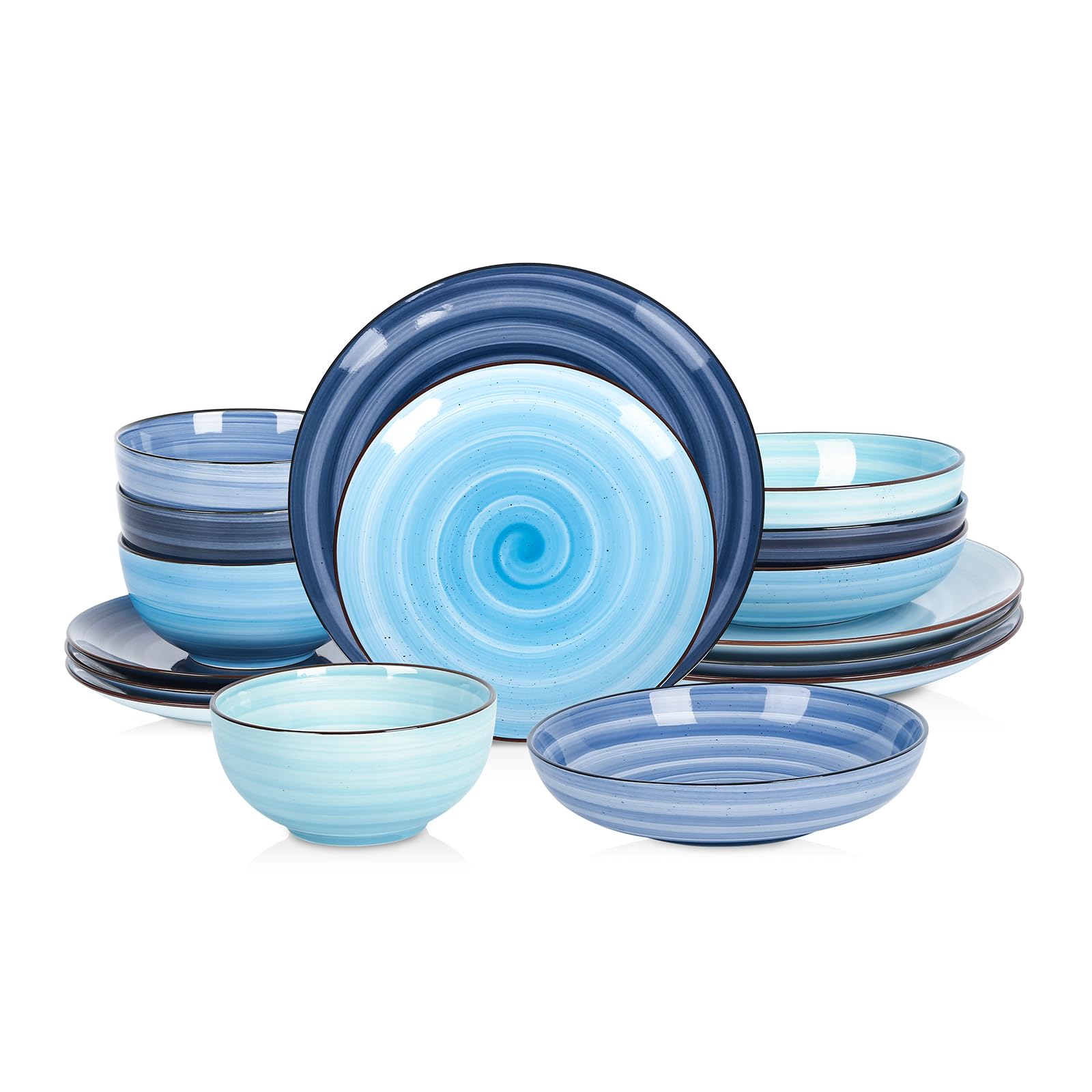 Selamica Ceramic 16-Pieces Dinnerware Set, Ceramic Dishes Set for 4, Kitchen Plates and Bowls Sets, Dinner Plates Set, Spray Black Dots, Gradient Blue Image