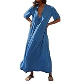 R.Vivimos Womens Summer Cotton Flowy Maxi Dress Short Sleeve V Neck Empire Waist Boho Tiered Ruffle Casual Loose Long Dresses