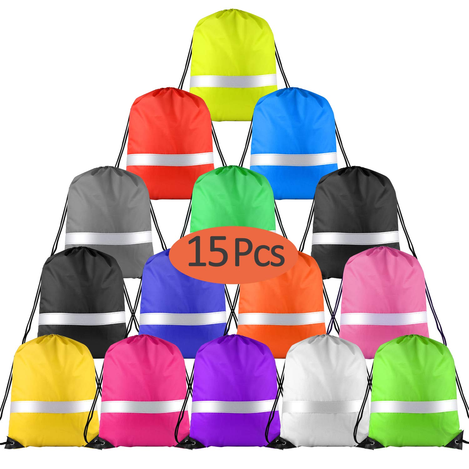 FEPITO 15 Pack Multicolor Drawstring Backpack Bag with Reflective Strip, Cinch Sack Backpack String Backpack for Sport Gym Traveling