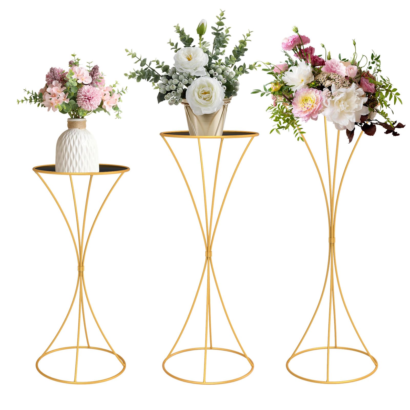 Photo 1 of chamvis Gold Metal Plant Stand, 3 Pcs Tall Cylinder Pedestal Stands for Parties and Weddings, Gold Round Cylinder Tables for Living Room and Patio Decor (Hourglass)